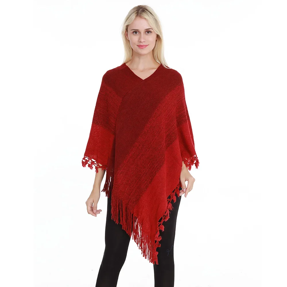 

High Quality New Popular Woman Fashion Poncho Loose Scarf Lady Shawl Red Stitching Poncho For Woman Pullover