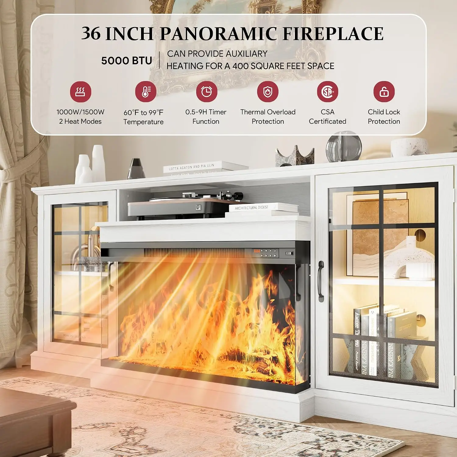 70'' Fireplace TV Stand, Farmhouse Entertainment Center with 3 Sided Glass TV Stand, Modern Media Console Table, Customized