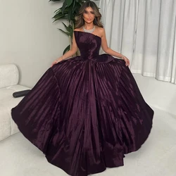 Floor Length Pleats Straight Strapless Satin Sleeveless Dubai Evening Caftan Dress Sweep Train Solid Purple Quinceanera Gowns