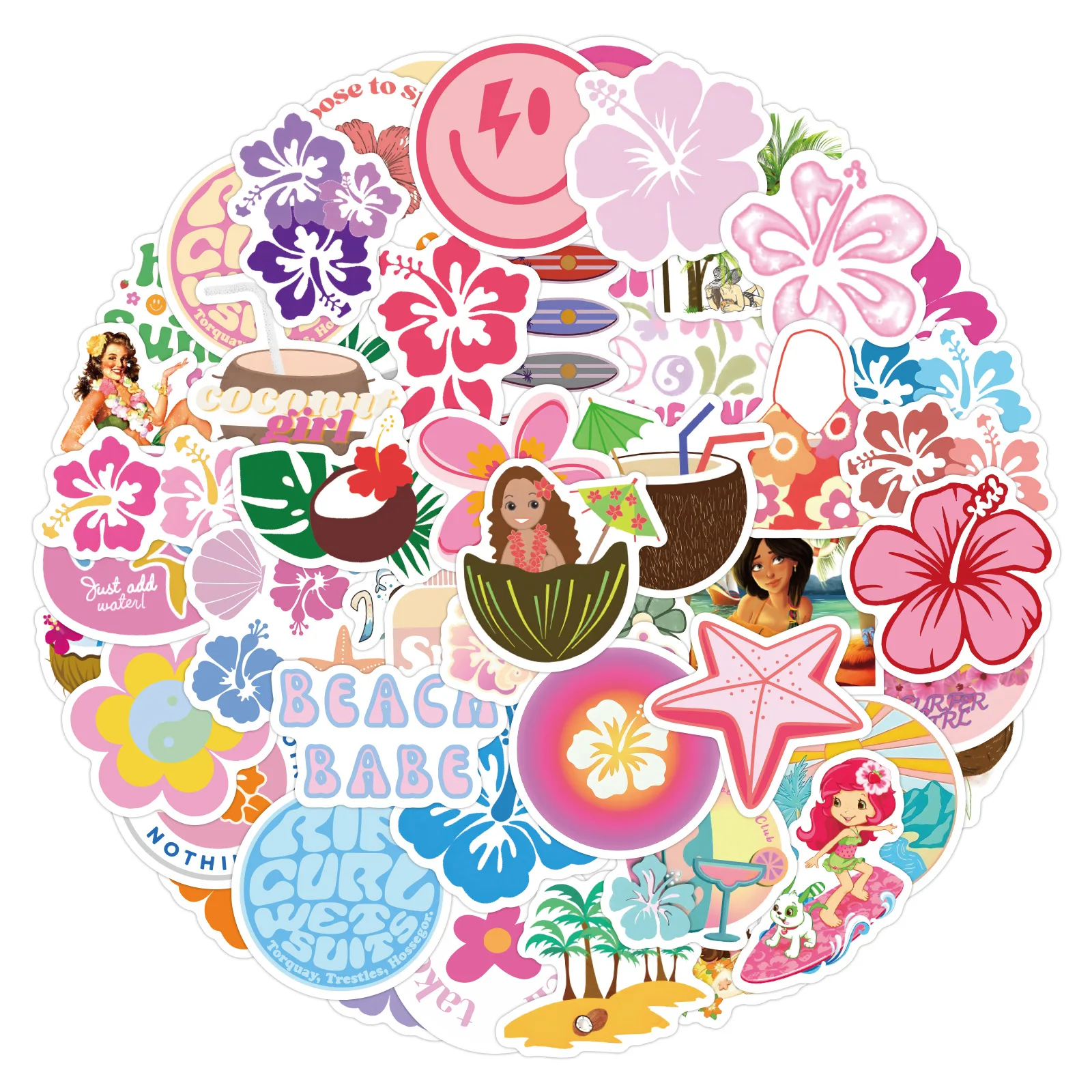 Summer Coconut Girl Waterproof Stickers, decalque, laptop, motocicleta, bagagem, snowboard, geladeira, telefone, carro, etiqueta, 60pcs