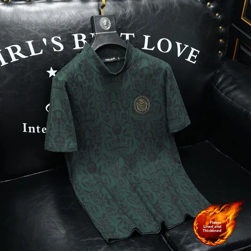 

Мужская футболка с тяжелой вышивкой и флисовой подкладкой, повседневная, модная, осенняя, из высококачественного хлопка, с геометрическим узором