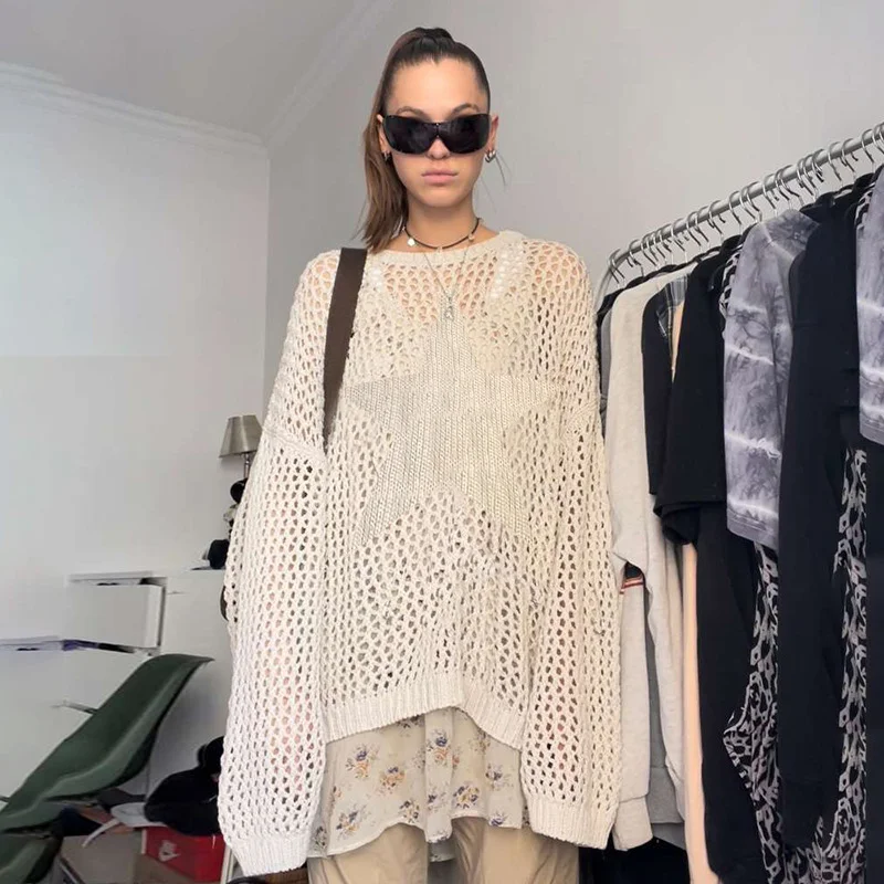 Women Long Sleeve Sexy for T Shirt Sexy Hollow Grid Tops Loose Mesh for Sun for Protection Jumper Crew Neck Pullover Swea