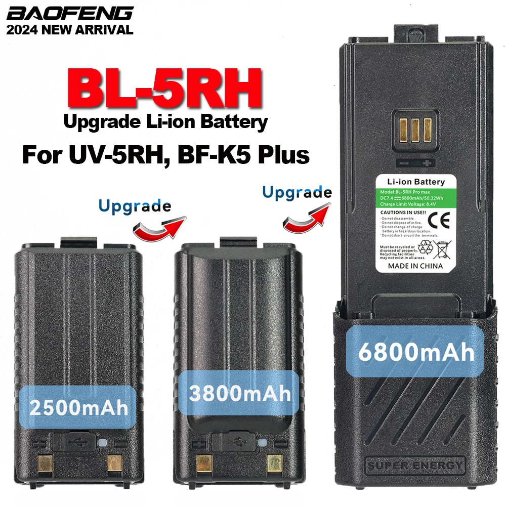 BAOFENG-UV-5RH Walkie Talkie Ampliar Bateria, Bateria Extra Li-ion, BF-K5Plus, UV-5RM, GM-5RH, AR-5RM, Rádio em Dois Sentidos, 6800 mAh, 3800 mAh, 2500mAh