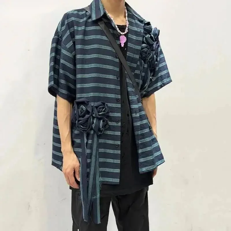FHQ Niche Design Men's Short Sleeve Shirt Lapel Stripe 3D Flower Decoration Loose High Street Fashion Male Shirts CDF4