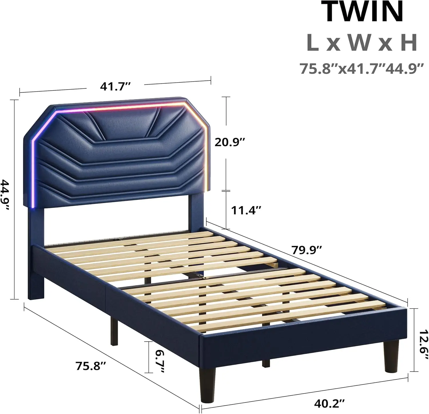 إطارات سرير LIKIMIO Twin / Twin XL مع لوح رأسي مضاء، سرير منجد حديث بمنصة كاما مزدوجة مع دعامات شديدة التحمل