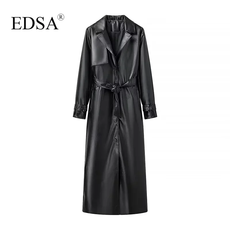 EDSA Women Luxury Faux Leather Jacket Coat with Belt for Autumn Winter Loose Long Windbreaker Trench Vintage Outerwear