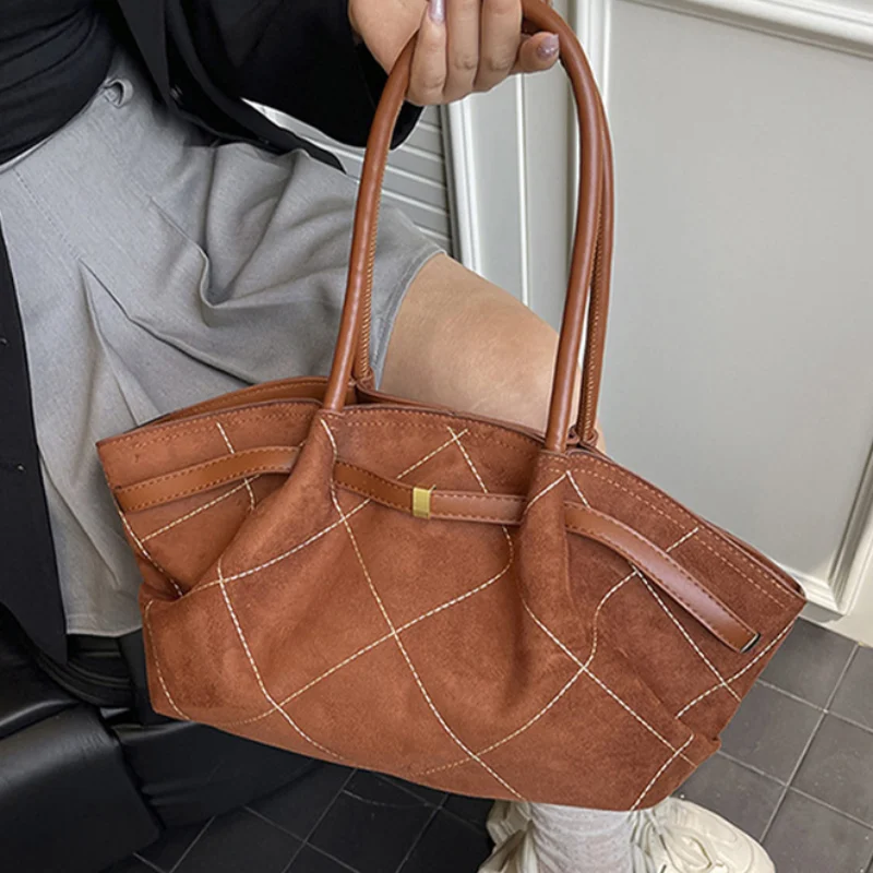 

Women's Grid Dumpling Hobo Bag Solid Color Korean Fashion Frosted Handbag Large Capacity Underarm Shoulder Shopper Wing Tote Bag