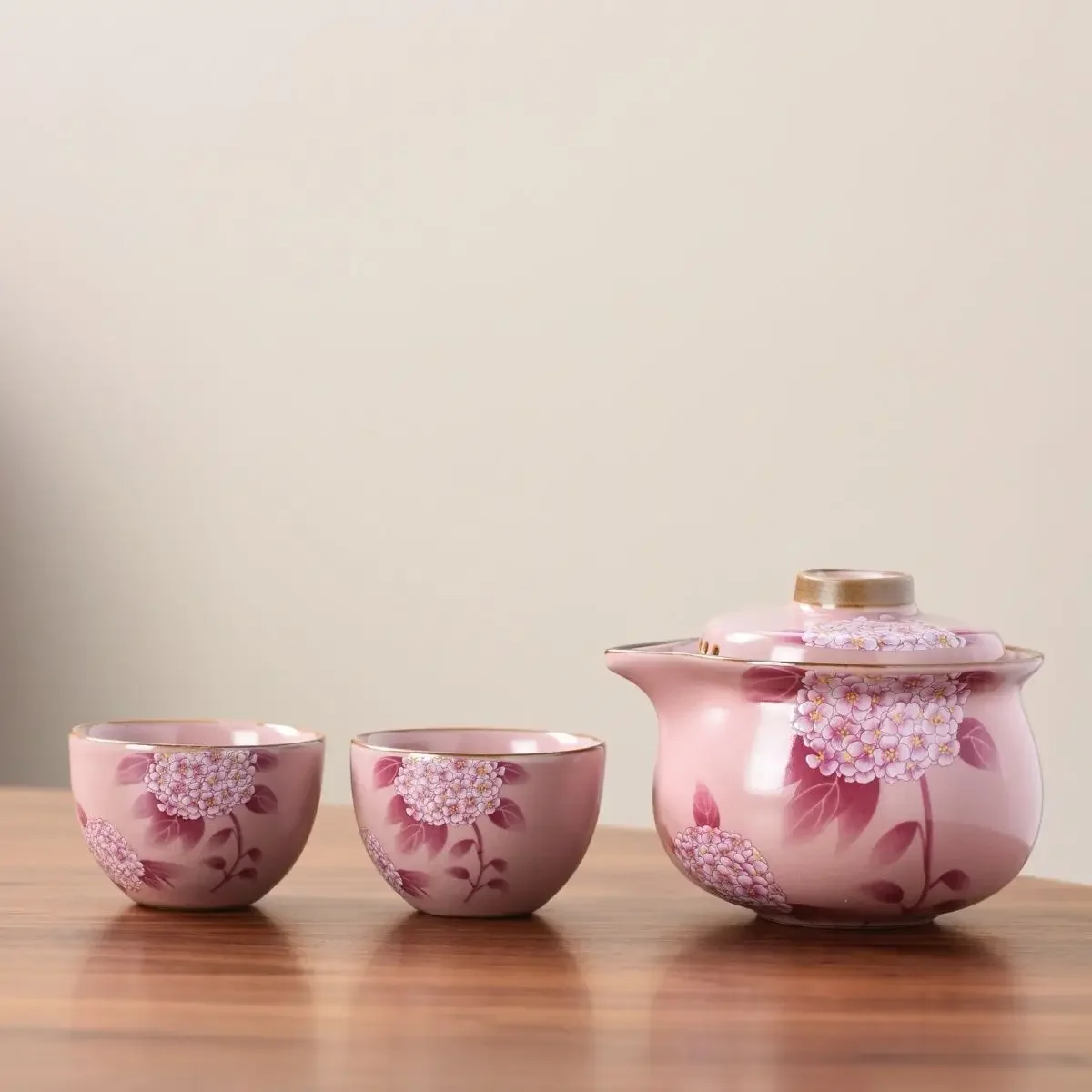 Pink Ruyao Anti-heat Tea Set,big-leaf Hydrangea Flowers Jasmine Teaware, A Teapot Two Cups, Kung Fu Tea Set, for Lady Girlfriend
