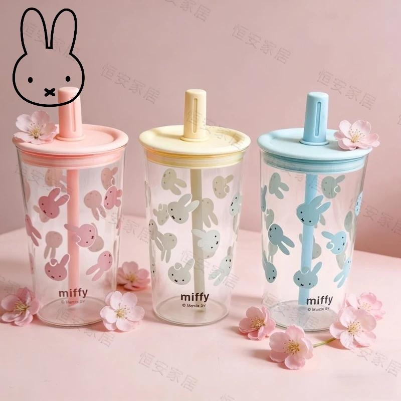 

Miffy Glass Cup with Straw Cute Cartoon Drinking Glass Large Capacity Milk & Coffee Tumbler for Girls Heat-Resistant Gift Ready