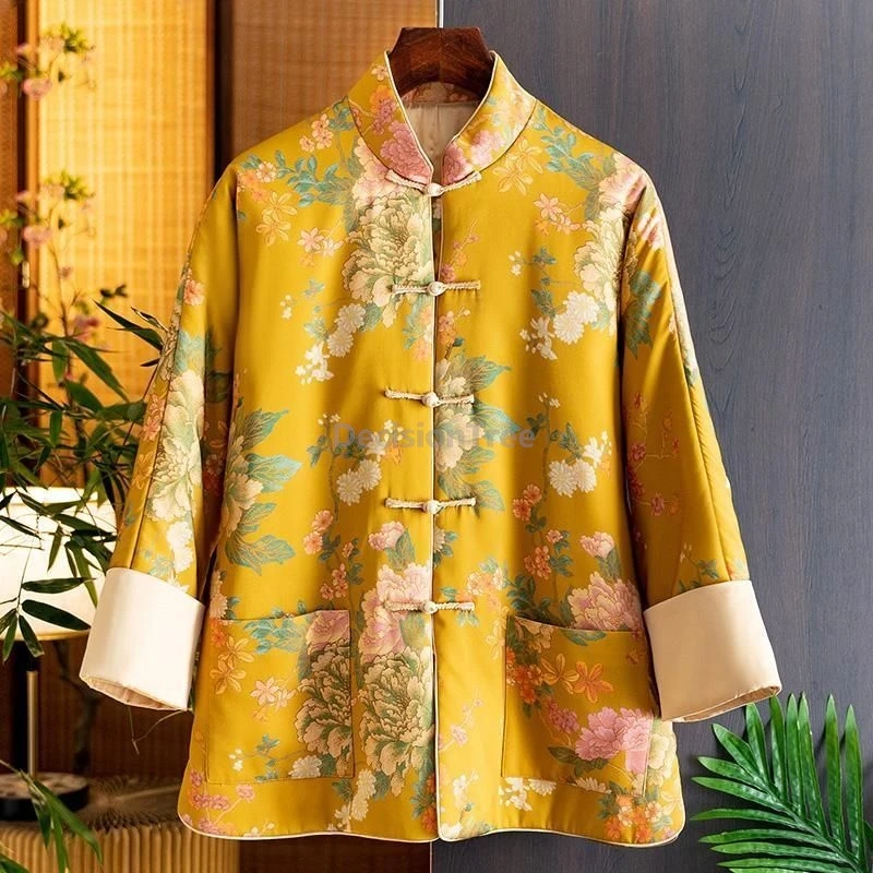 

2025 зимняя хлопковая куртка в китайском этническом стиле с принтом, утепленный, теплый, свободный костюм Тан, пальто в стиле ретро, модное элегантное повседневное пальто