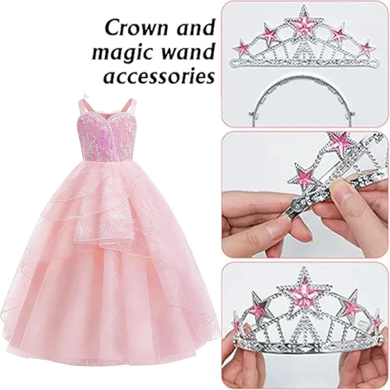 أزياء النساء الساحرة التأثيرية للبالغين فستان الأميرة من التول الوردي الشريرة + عصا + تاج غليندا تمويه امرأة فستان كرنفال الهالوين