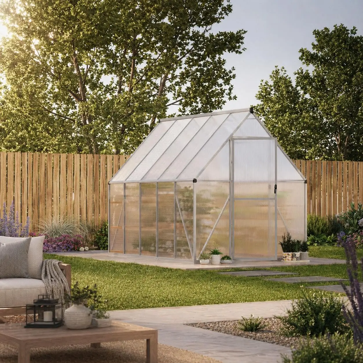 

6x9 FT Polycarbonate Greenhouse with Roof Vent & Ground Stakes Aluminum Walk-in Lockable Door for Outdoor Garden, Custom