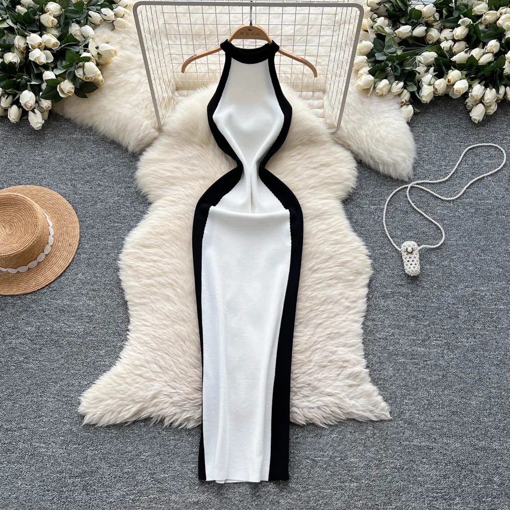 2025 Nuove donne di estate sexy senza maniche elastico con spalle scoperte abito lavorato a maglia Hit Color Patchwork Slim aderente Halter Max abito lungo