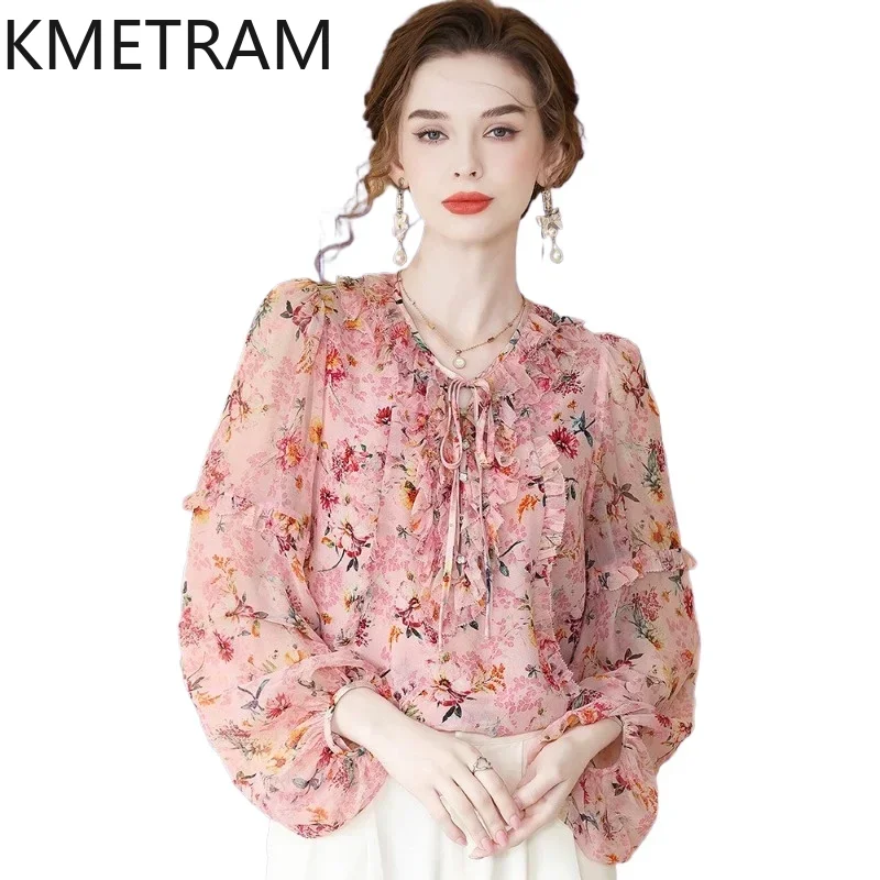 

KMETRAM 100% шелковые блузки из тутового шелкопряда для женщин, элегантные блузки с принтом, высококачественные летние блузки с длинным рукавом, женская одежда 2026, топ