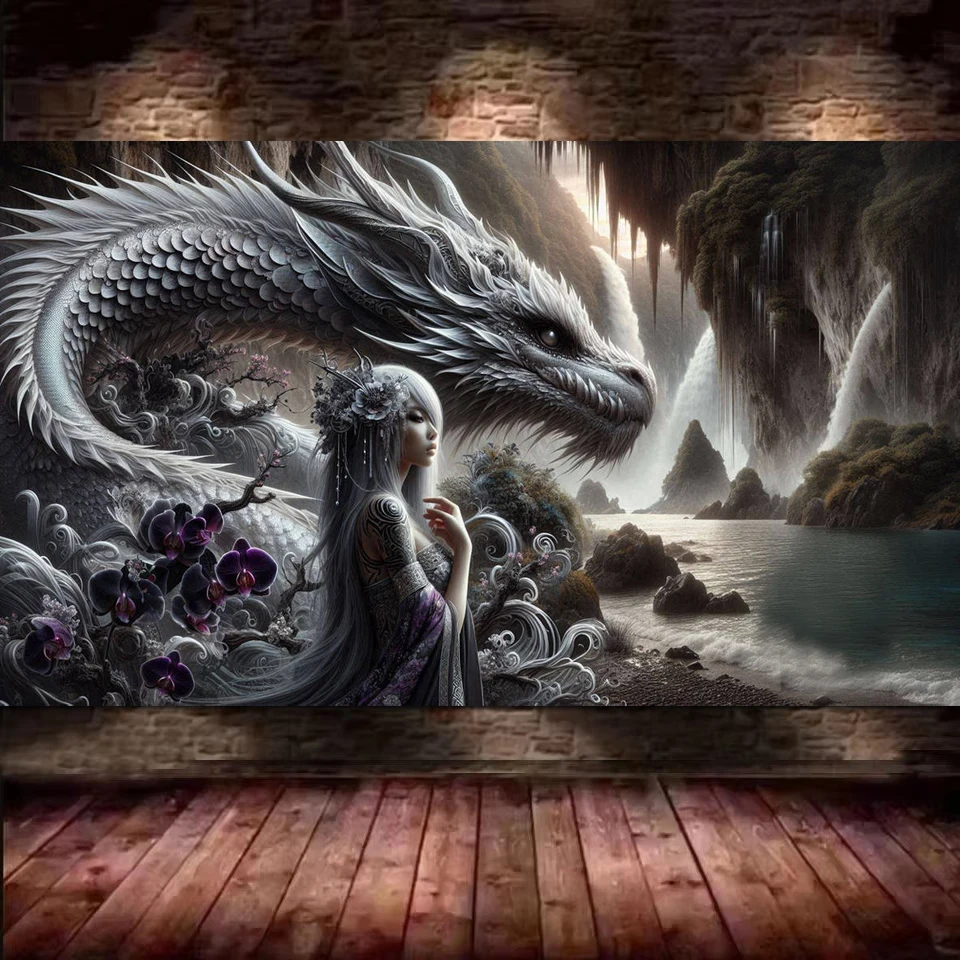 DIY  Vibrant Colors Dragon And Woman 5D Diamond Painting For adults beginners, Full Diamond Embroidery Mosaic Cross Stitch Kits