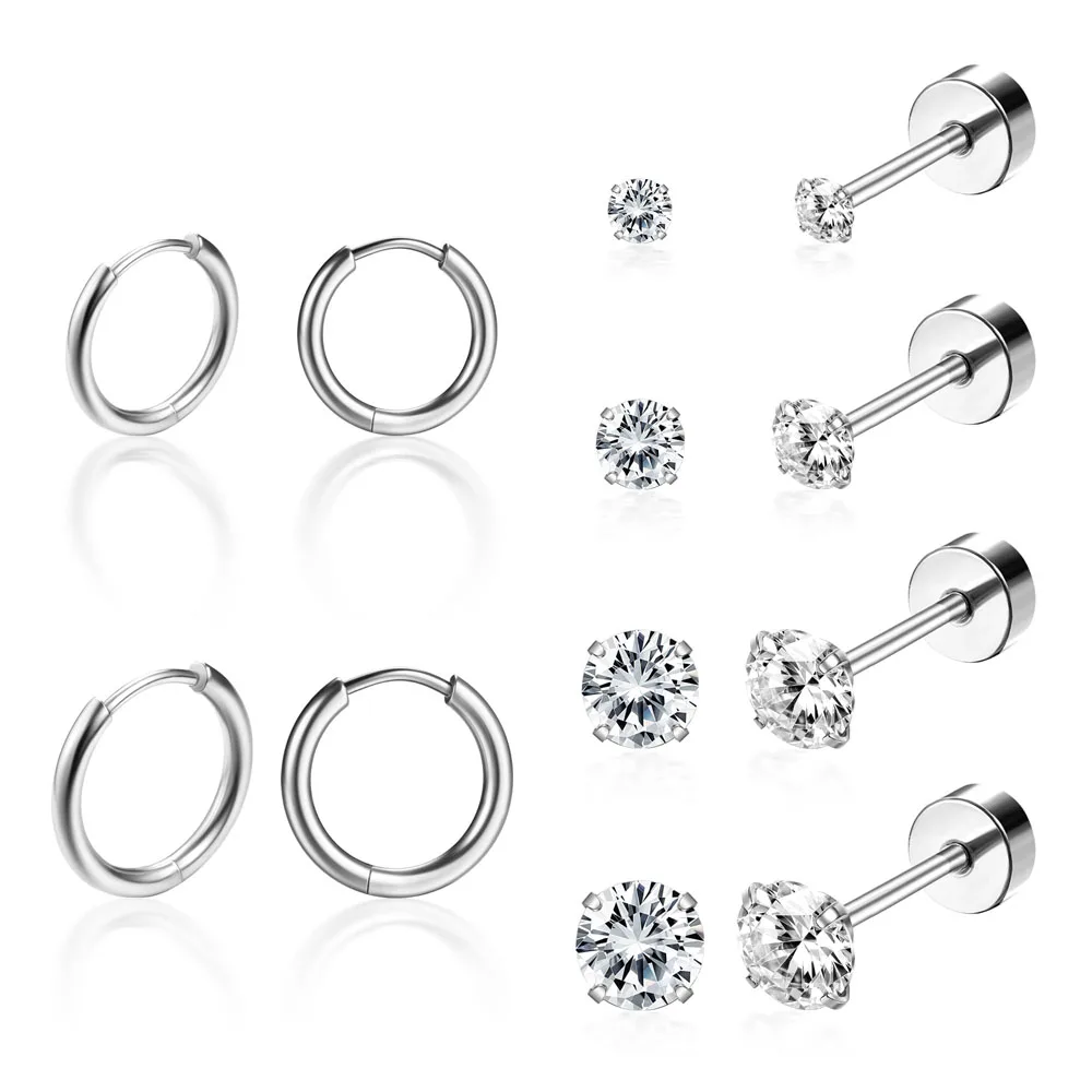 6 Pairs Hypoallergenic Stainless Steel Cubic Zirconia Stud Earrings Small Tragus Cartilage Hoop Earrings Set for Women Men