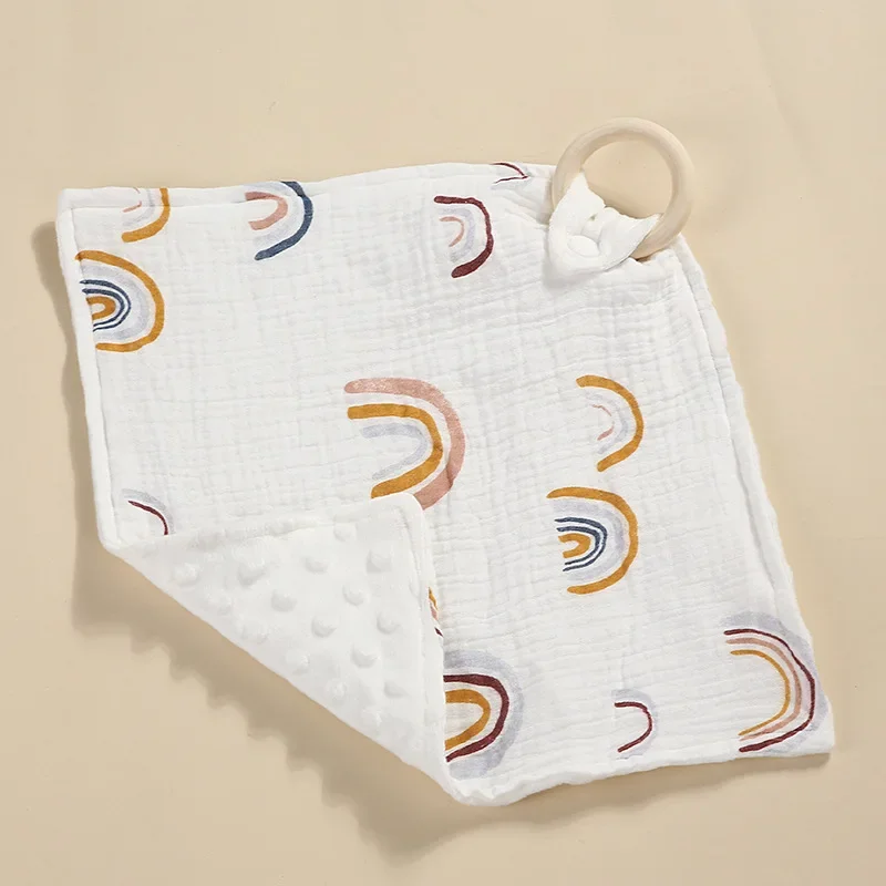 Pure Cotton Baby Handcraft Doudou Rong Soft Square Blanket with Teething Ring for Kids Water Absorption Towel