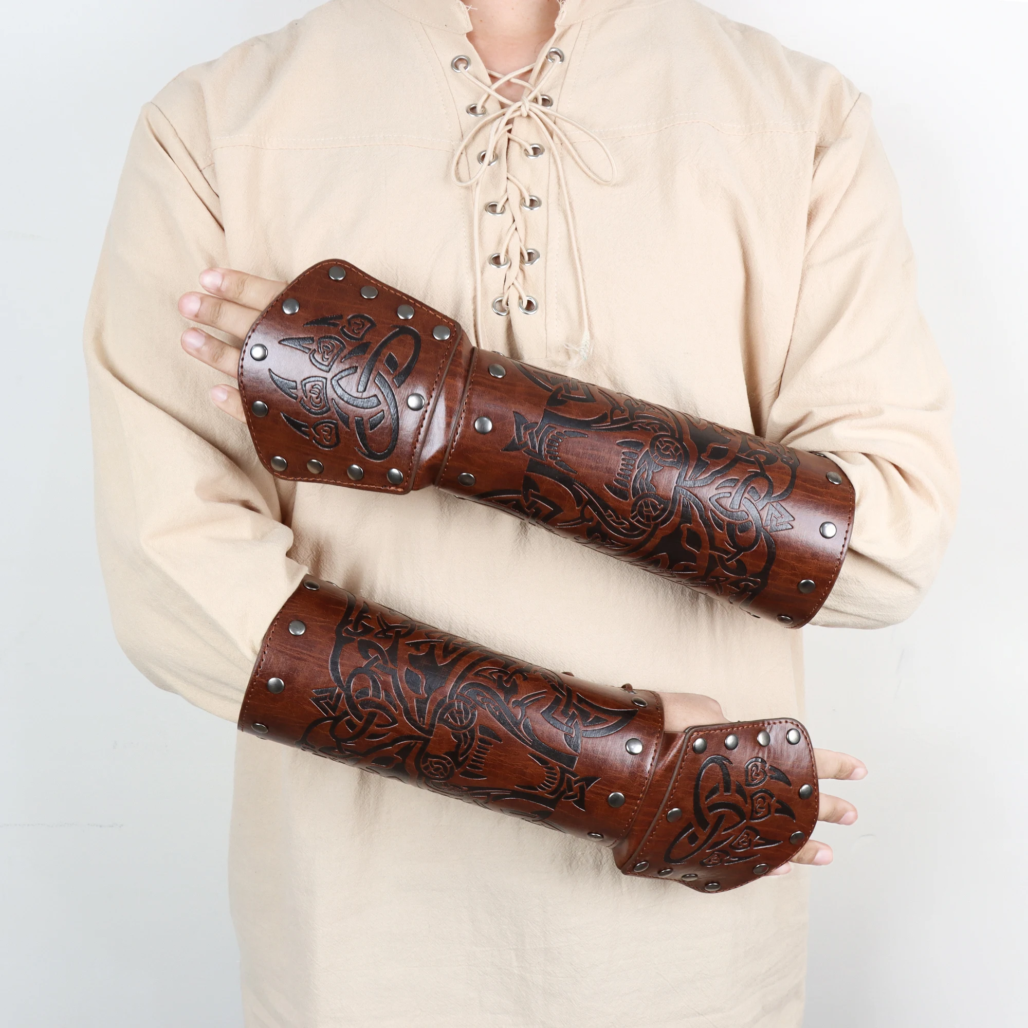 Fullyoung-Protectores de brazo medievales de 2 piezas, de piel sintética guantelete, brazalete de caballero renacentista Vintage