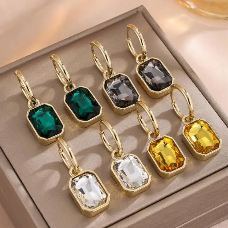 Uilz Geometrische quadratische Kristall-Zirkonia-Creolen, trendige funkelnde Metall-Tropfenohrringe für Frauen, Party, Alltag, Accessoires