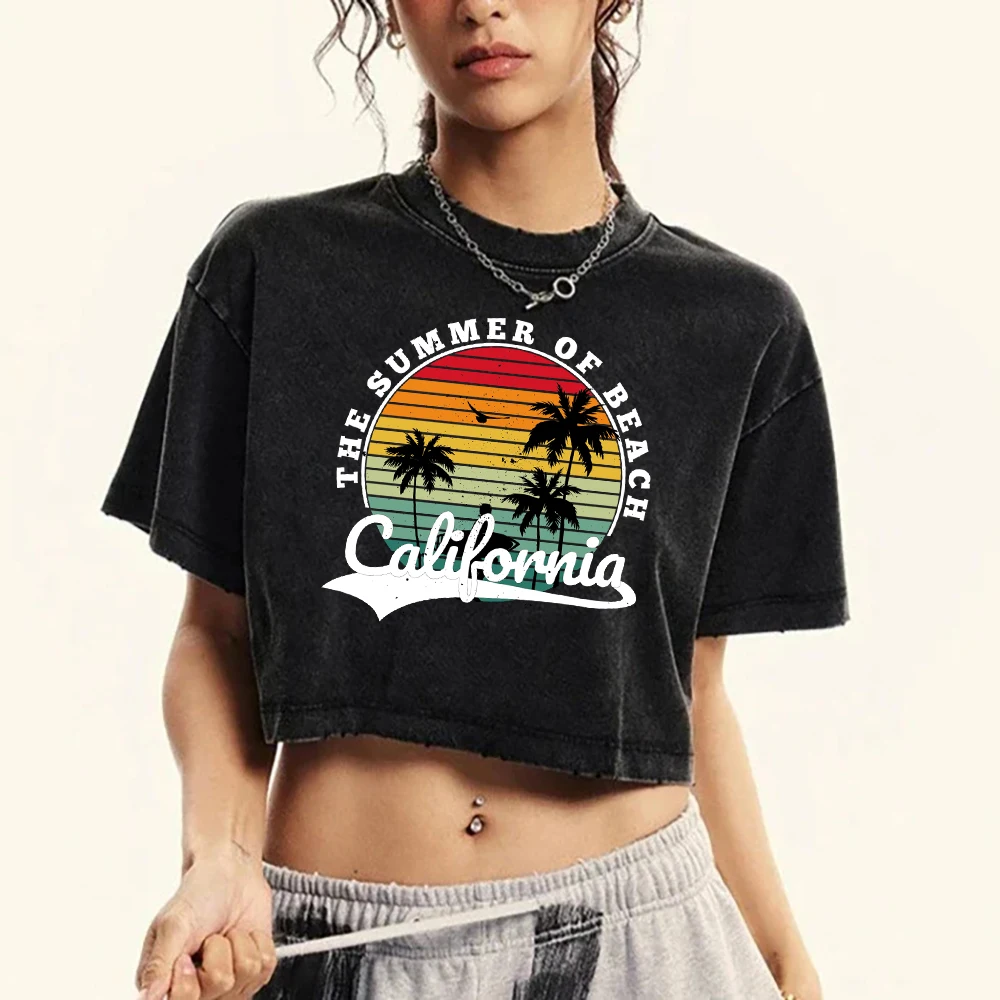 The Summer Of Beach California Cocoa Palm Printed Women Washed T-Shirts Retro O-Neck Tee Shirt Cotton T Shirt Casual Crop Top