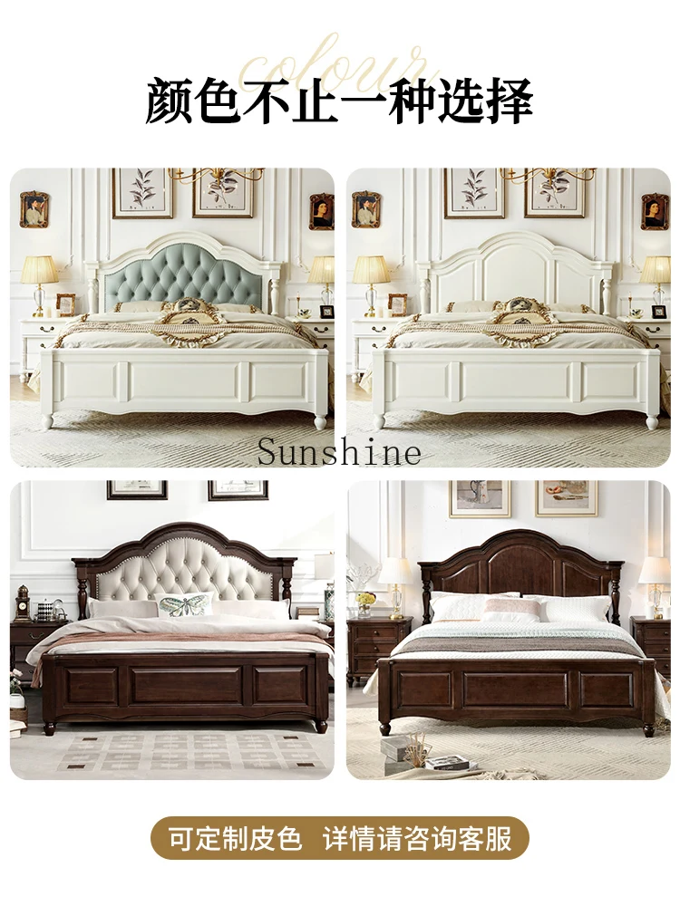 French style, creamy white, solid wood bed, leather soft rest, master bedroom furniture