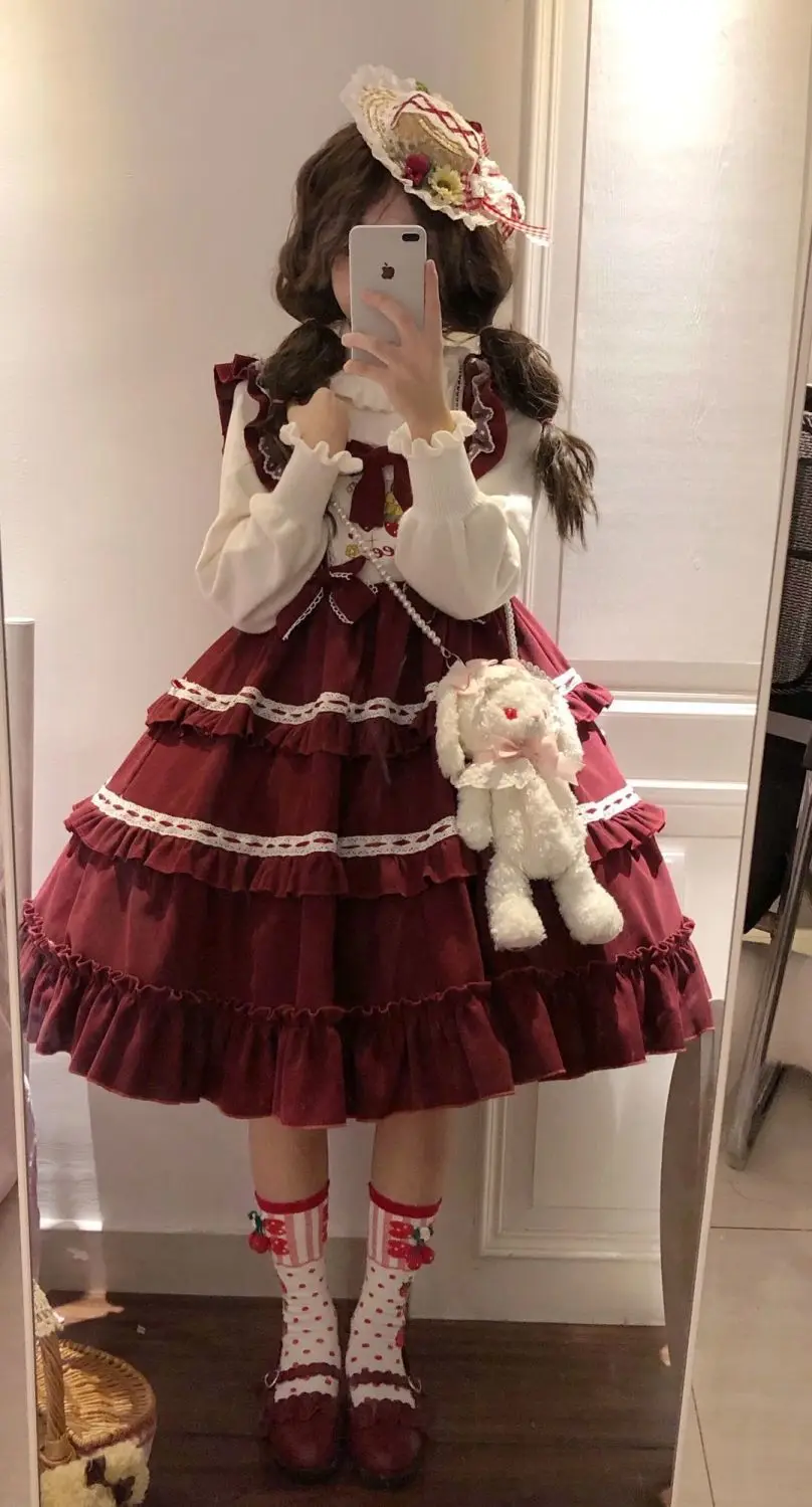 Japan Sweet Cute Lolita Dress Lovely Student Suspender JSK Dress Kawaii Women Tea Party Dresses Burgundy Bow Maid Dress Uniform