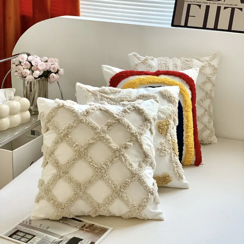 Modern Bohemian Pillow Covers 45x45 Tufted Canvas Embroidered Pillowcase Decorative Sofa Cushion Covers for Living Room