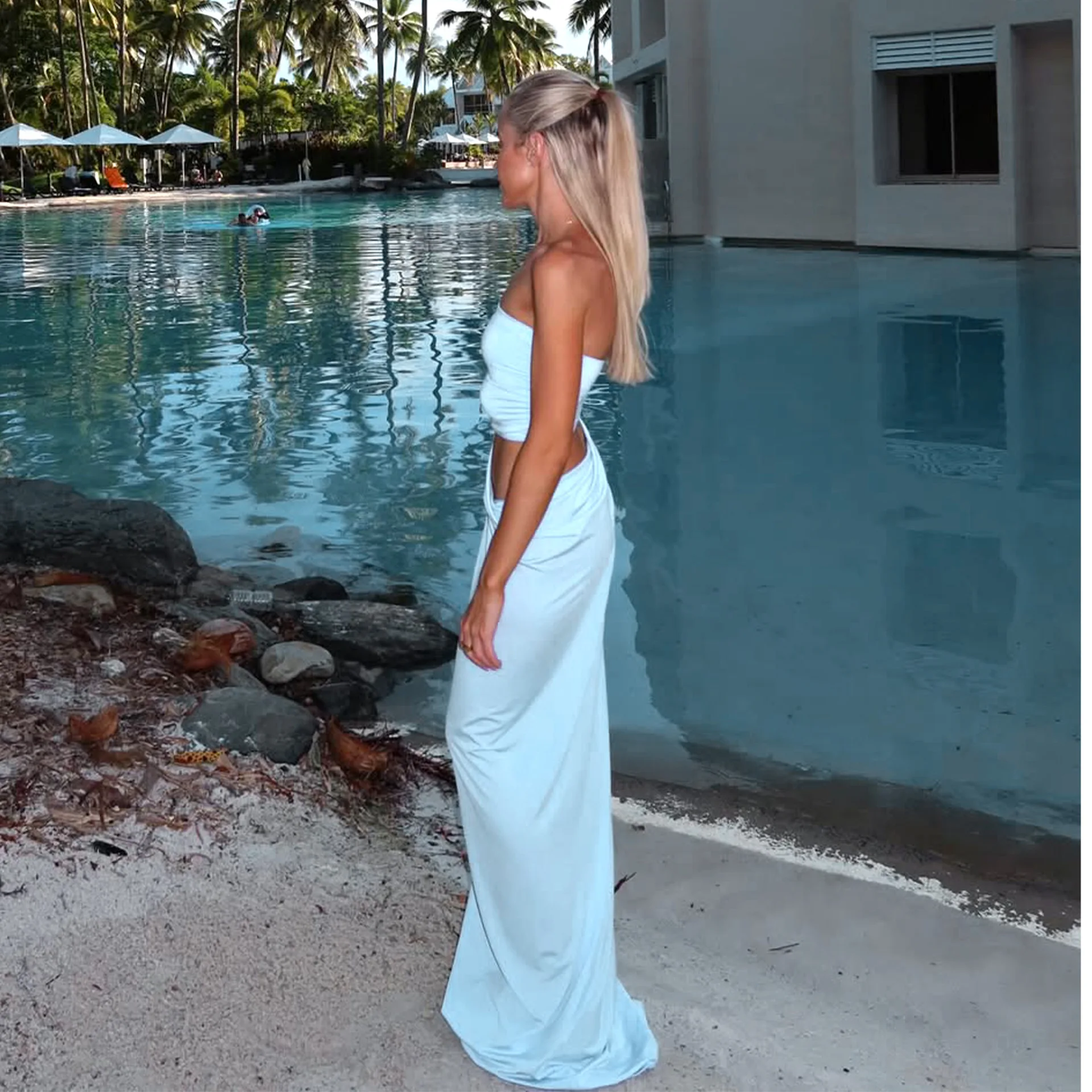 Blue Strapless Summer Dress for Women Fashion Waist Cut Out Slim Maxi Tube Dresses Sexy Backless Holiday Beach Party Dress 2025
