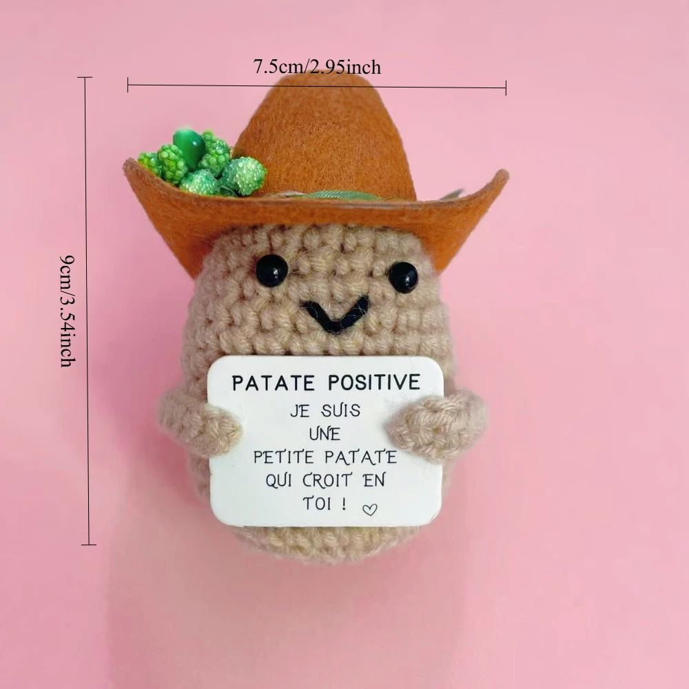 Peluche Pomme De Terre Positive – Tricotée Main Avec Carte Motivante – Cadeau Encouragement 8x9cm