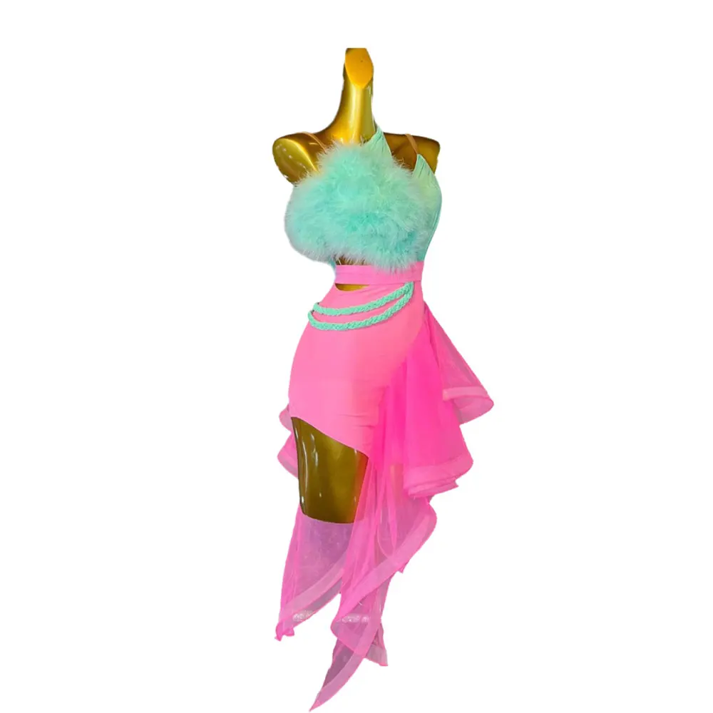 Latin Dance Rhinestone Women\'s High-end Customized Mint Green+rose Pink Contrasting Samba Performance Dress