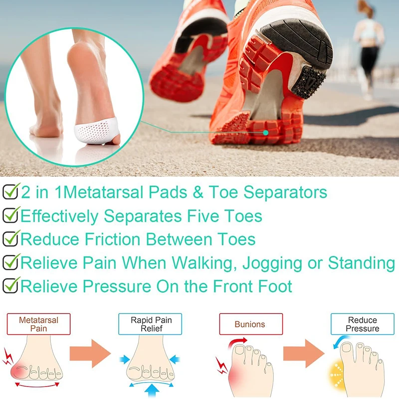 앞발 패드 신발 패드 실리콘 깔창 정형 외과 편안한 통증 완화 신발 깔창 여성 발가락 분리기 발 관리 쿠션