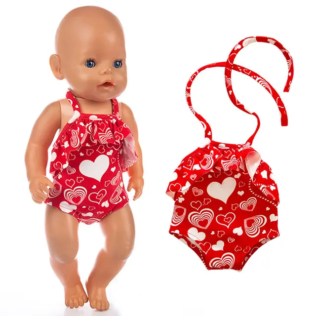Cute Swimming Suit for 16-18Inch American Doll Sweet Heart Print Doll Swimsuit Clothes for 43Cm Newborn Baby Doll Kids Gift 2