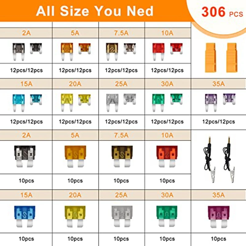 306 PCS Car Fuses Assortment Kit With 2 Car Fuse Tester And 2 Fuse Puller Blade-Type Automotive Fuses Replacement Fuses