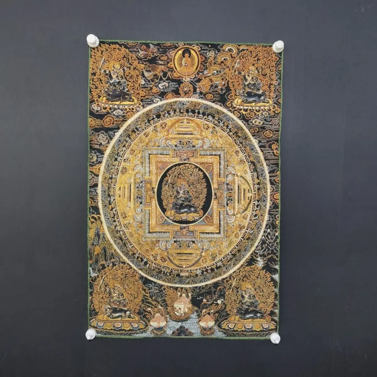 Tibetan Buddhist Mahakala Mandala Thangka Embroidery Brocade Cloth Wall Decor Religious Worship Tapestry