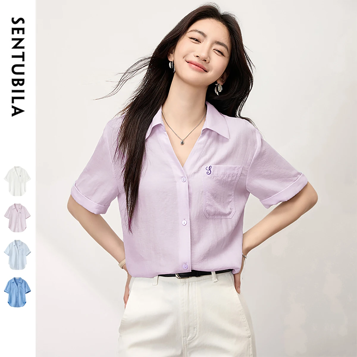 

SENTUBILA Элегантная женская повседневная рубашка 2026 года, летняя вышитая однотонная блузка с V-образным вырезом и коротким рукавом, топ для офиса, женская модель 152CA1715
