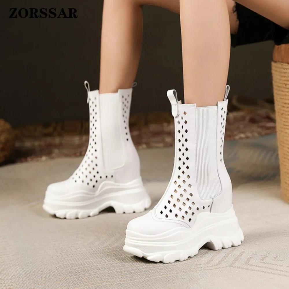 Women's Ankle Wedge Boots Summer Hollow Out Elastic Band Platform Wedge Heel Breathable Fashion Chunky Sneaker Boots for Ladies