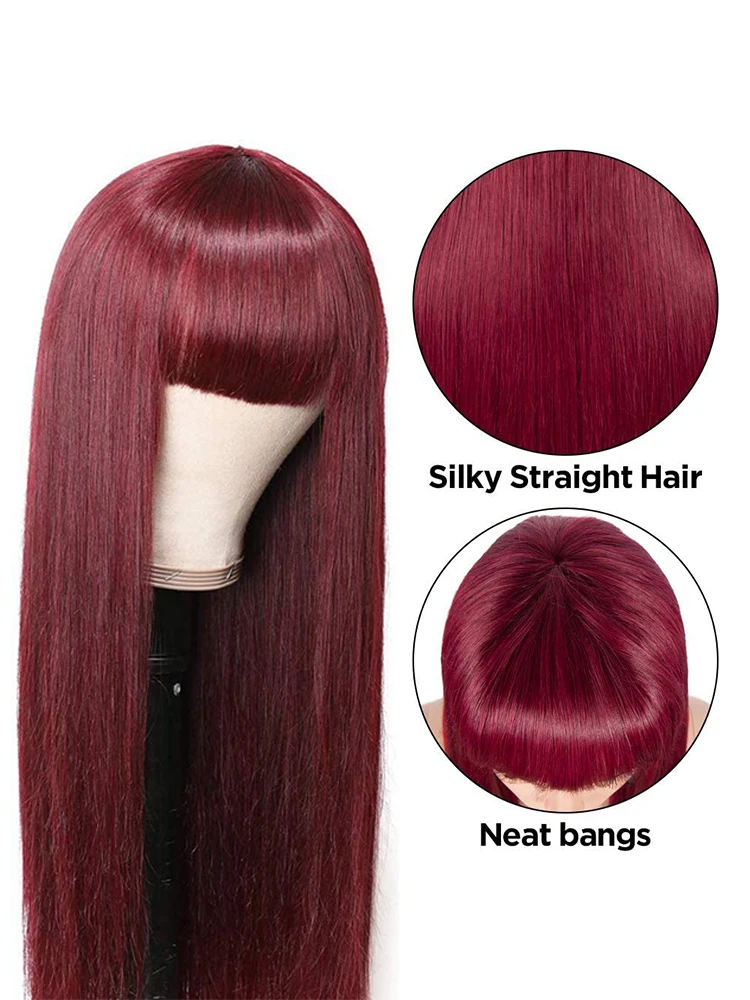 Straight Fringe Wigs 99J Dark Burgundy Human Hair Wig With Bangs Full Machine Made Colored Glueless wig human hair ready to wear