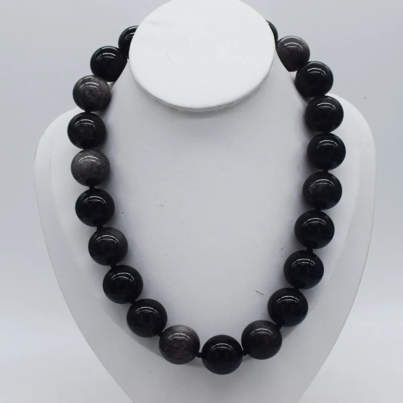 

wholesale 10/12/14/16/18/20mm SILVER Obsidian round necklace 43cm FPPJ nature beads for woman gift