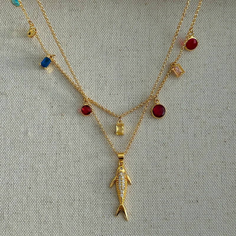 

18K Gold Plated Fish & Love Heart Double Layer Zirconia Necklace for Women, Niche Luxury Style Accessory.