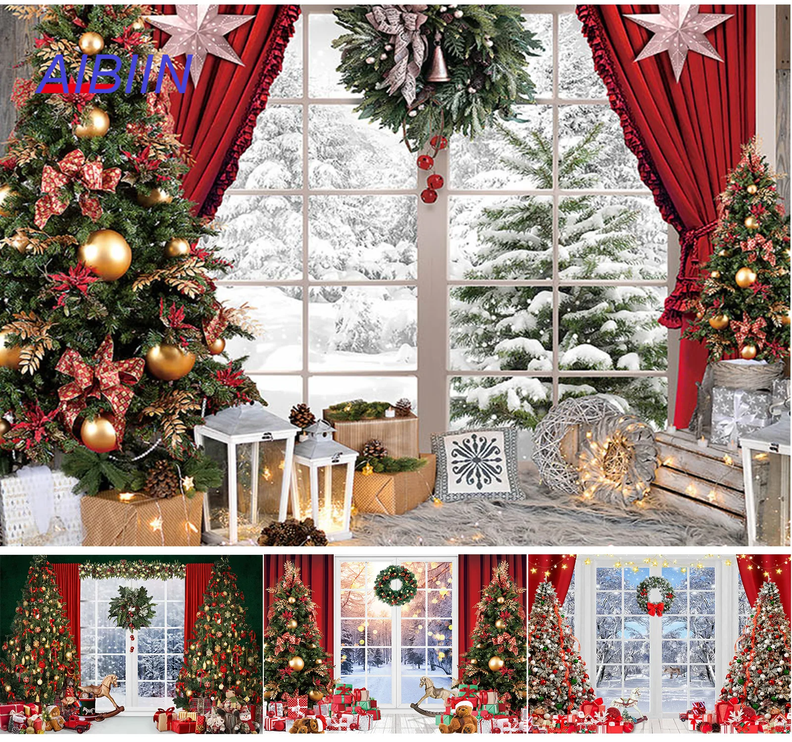 Winter Christmas Photography Backdrop Window Curtain Snow Scene Merry Xmas Tree Kids Family Portrait Party Decoration Background