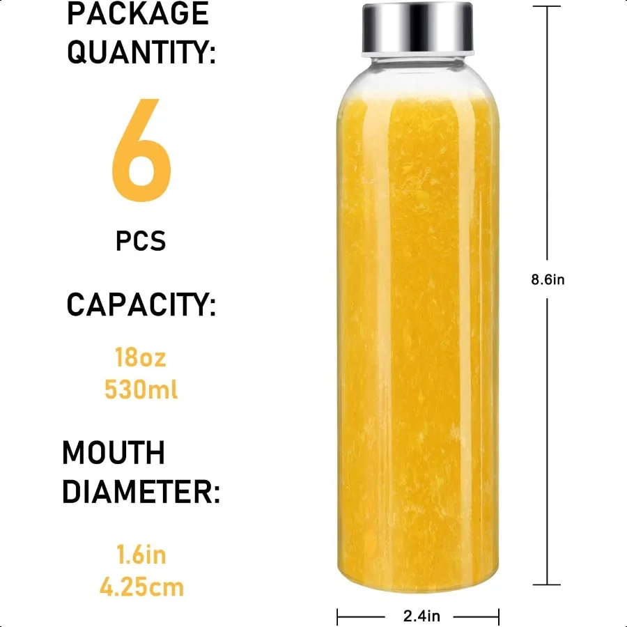 18oz Glass Water Bottle Set of 6 Clear glass juice bottle for juicingReusable Drinking Bottles with Stainl Steel LidBeverage St