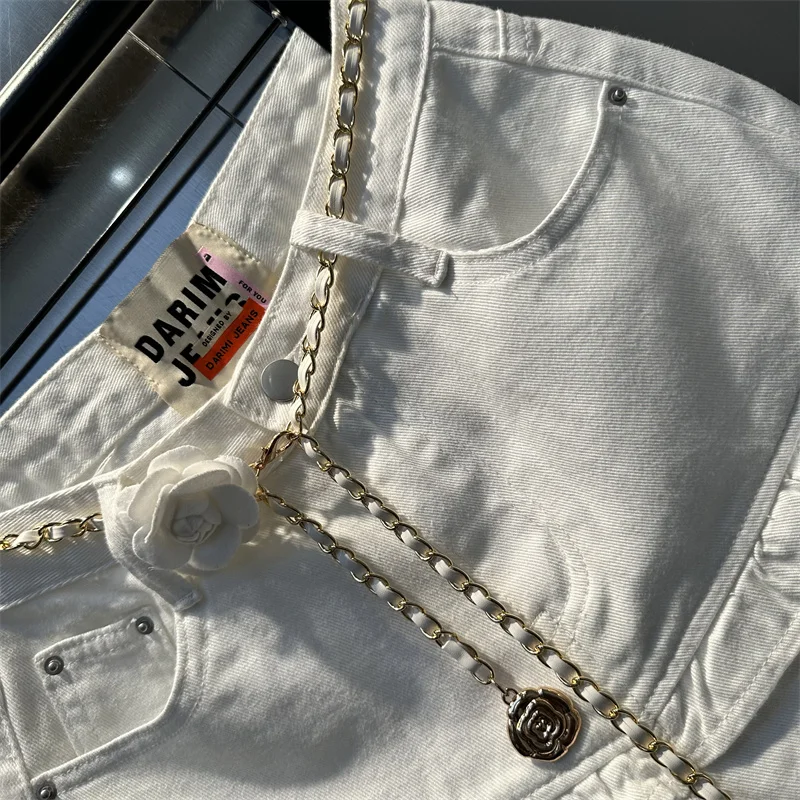 Korean Double Layer Ruffle Jeans Shorts White Floral Chain Belt A Line Denim Hot Pants Versatile Fashion Female Clothing