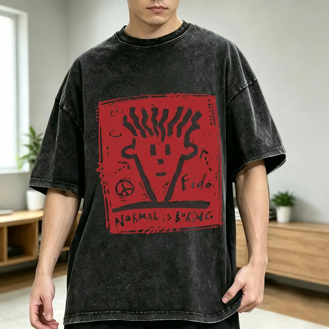 washed T Shirt Vtg 1985 FIDO DIDO Normal Is Boring L Distressed Peace Surfer Skater 80s vintage Washed Unisex Stylish