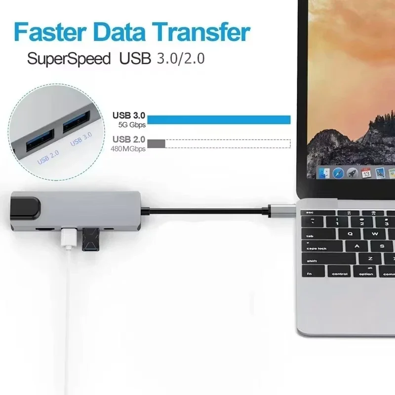 5 منافذ USB C محطة إرساء نوع C إلى RJ45 100M محول عالية السرعة USB 3.0 5Gbps الفاصل HDMI 4K USB C HUB لأجهزة الكمبيوتر المحمول ماك بوك
