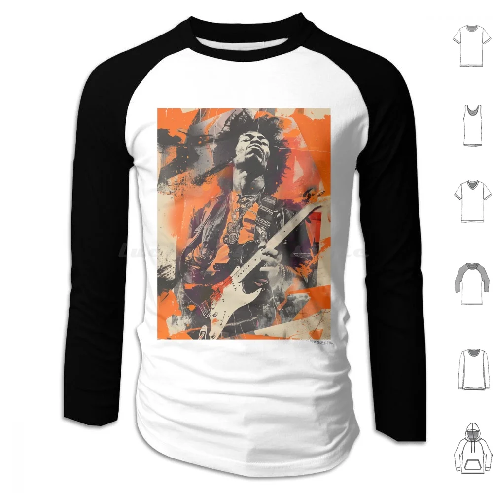 Jimi Hoodie cotton Long Sleeve Music Electric Guitar Iconic Musician Vibrant Colors Abstract Art Expressionism Retro