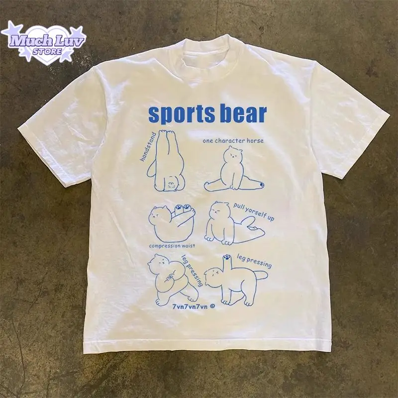 

Kawaii Sports Bear Printed T-shirt 100% Cotton T-shirt Commute Women's Clothing Summer Fashion Casual Comfy Short Sleeve Top Y2K