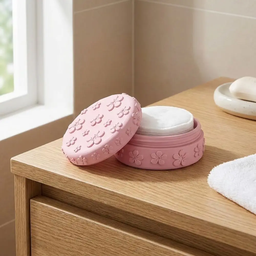 3D Printed Makeup Cotton Storage Box Dust-Proof Embossed Cherry Jewelry Display Box Aesthetic Round Sealed Cotton Pad Container