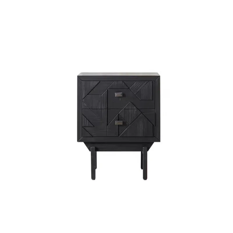 

European-style high-end bedside table, retro wood relief black storage side cabinet, modern small apartment drawer cabinet