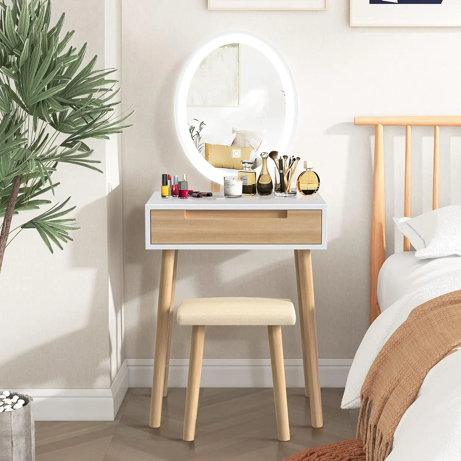 

Makeup Vanity Table Set with 3 Modes Adjustable Lighted Mirror Cushioned Stool, Dressing Table for Small Space