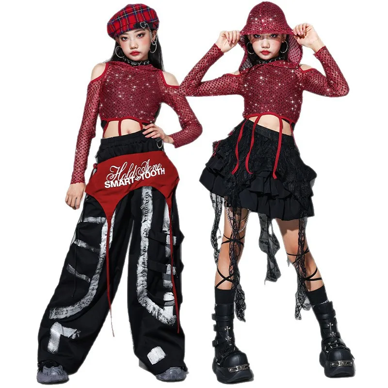 

Детский костюм для джазовых танцев, сценический костюм для девочек в стиле K-pop, блестящие красные топы, черные брюки, одежда для уличных танцев в стиле хип-хоп